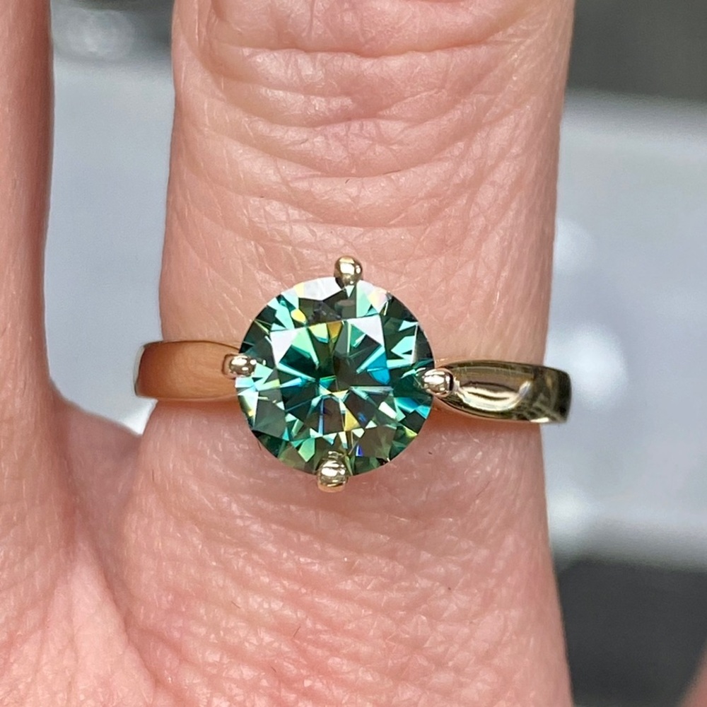 14k Yellow Gold 1 Carat Teal Blue / Aqua Diamond Moissanite Engagement Ring